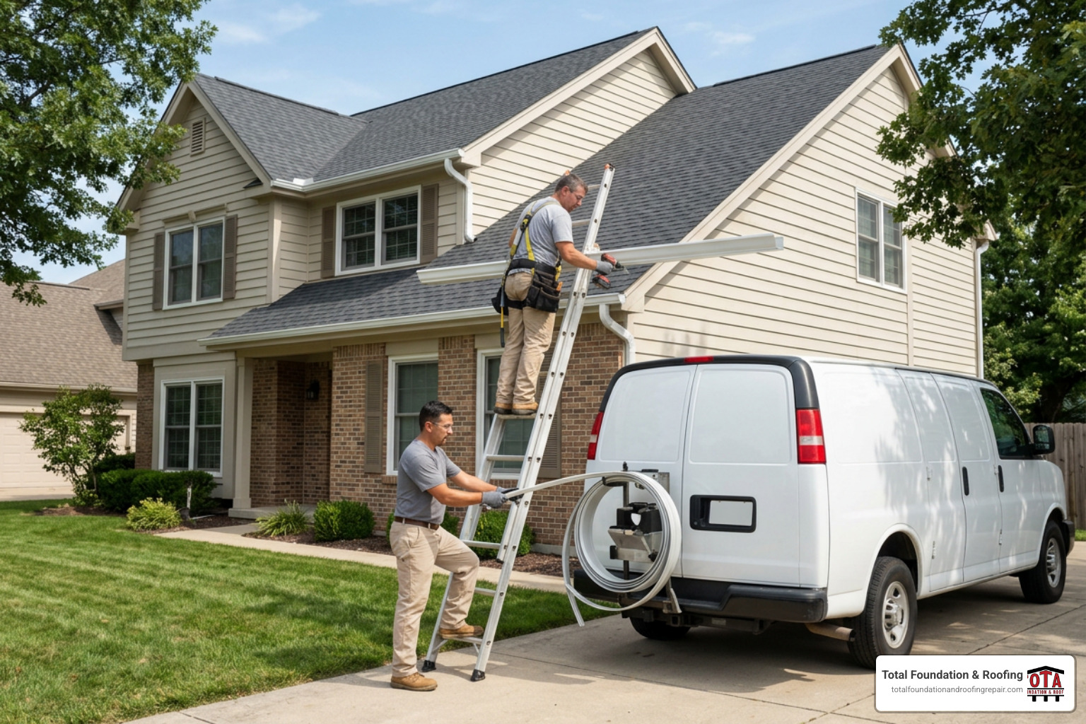 Professional gutter installation crew installing seamless aluminum gutters
