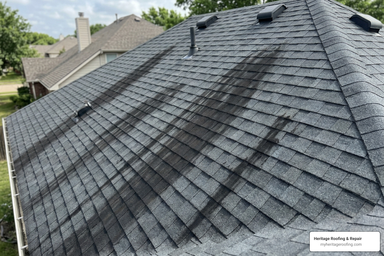 Dark black streaks running down a residential roof