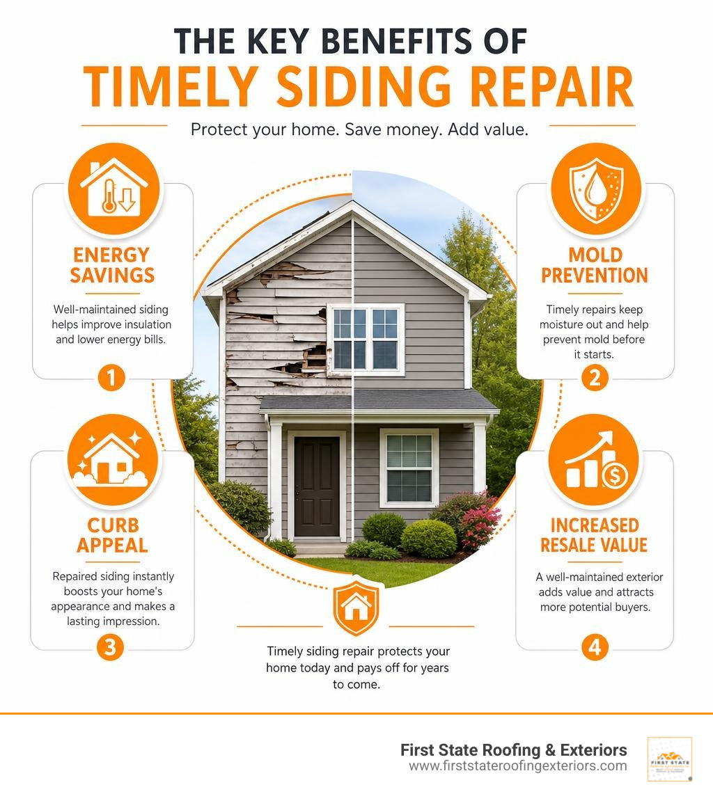 infographic showing key benefits of timely siding repair including energy savings, mold prevention, curb appeal, and resale infographic showing key benefits of timely siding repair including energy savings, mold prevention, curb appeal, and resale