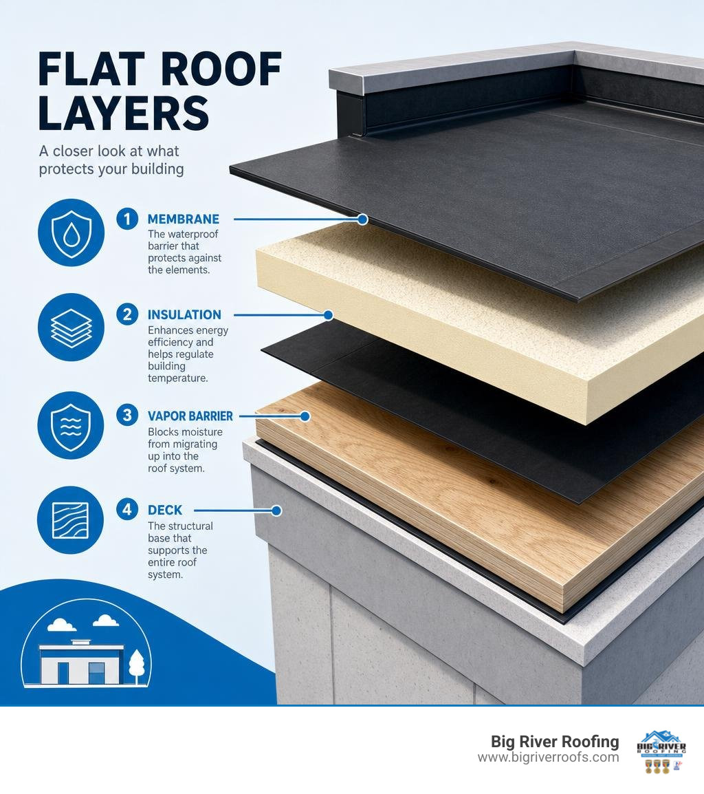 Flat roof layers diagram showing membrane, insulation, vapor barrier, and deck components infographic