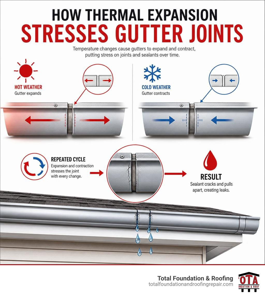 Diagram showing how thermal expansion stresses gutter joints infographic