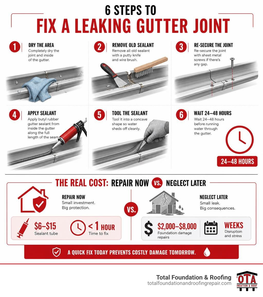Infographic showing 6 steps to fix a leaking gutter joint with cost comparison of repair vs neglect infographic