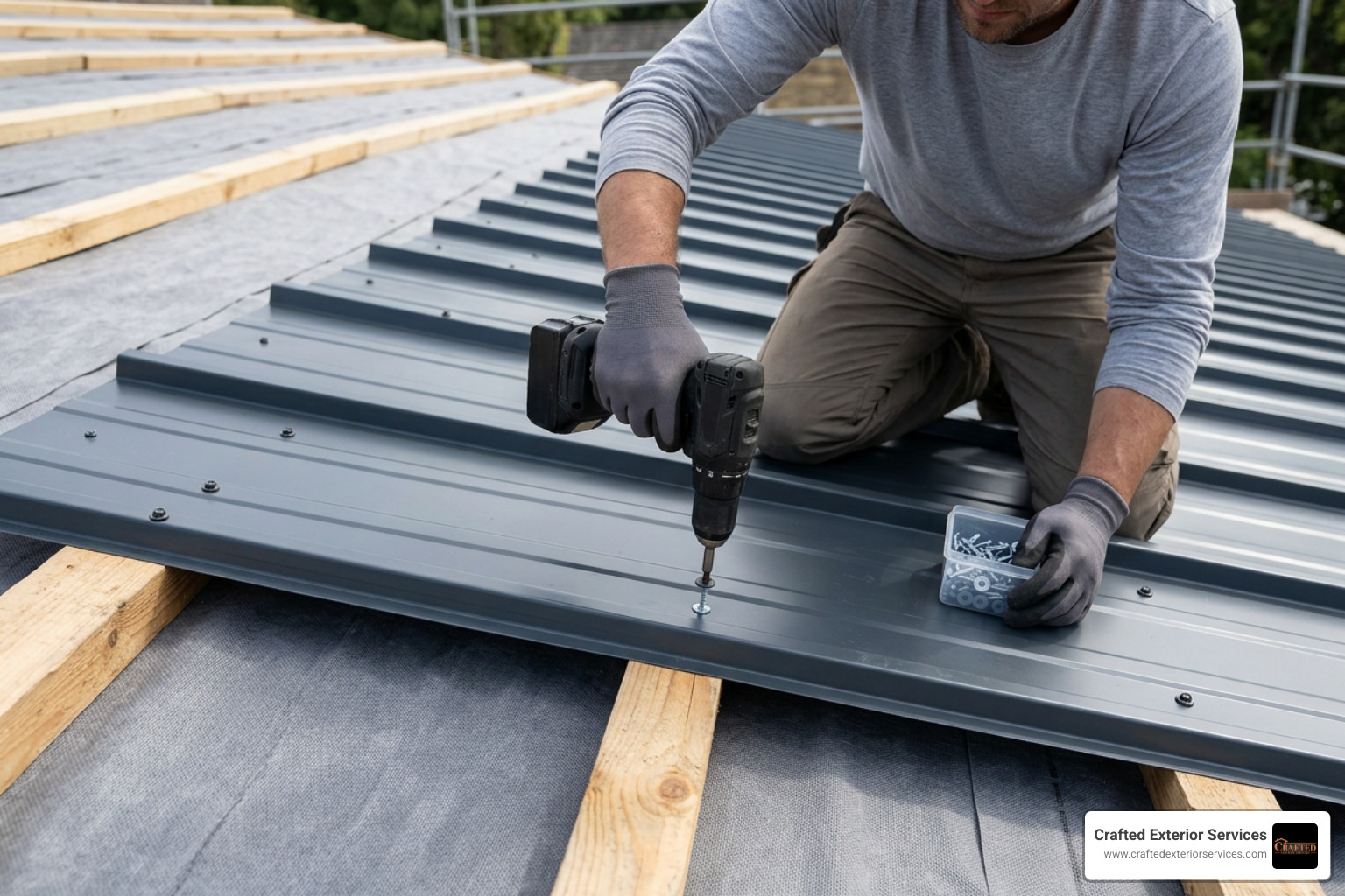 A close-up of metal roofing panels being securely fastened to wooden purlins over a protective synthetic underlayment A close-up of metal roofing panels being securely fastened to wooden purlins over a protective synthetic underlayment