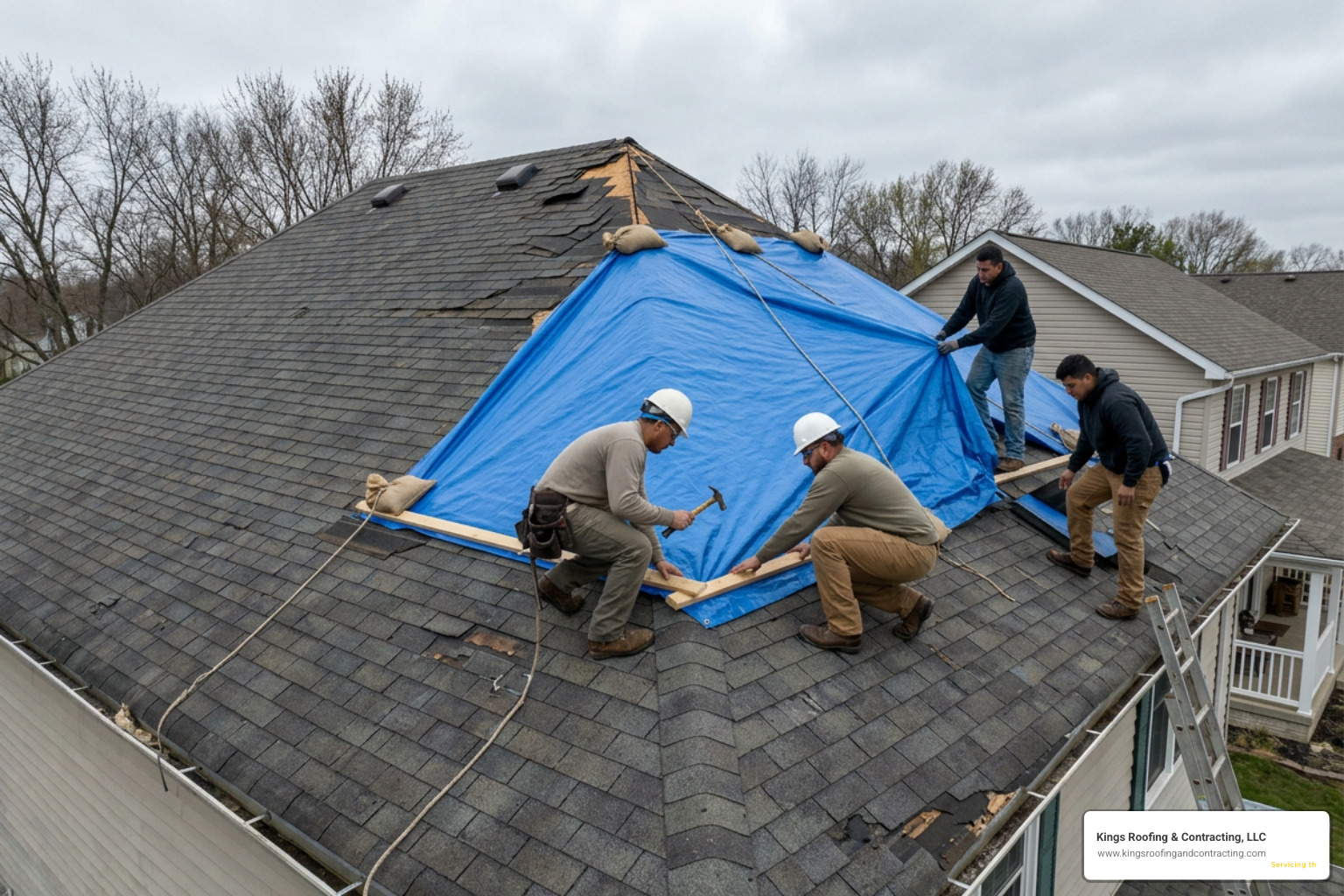 professional team performing emergency roof tarping professional team performing emergency roof tarping