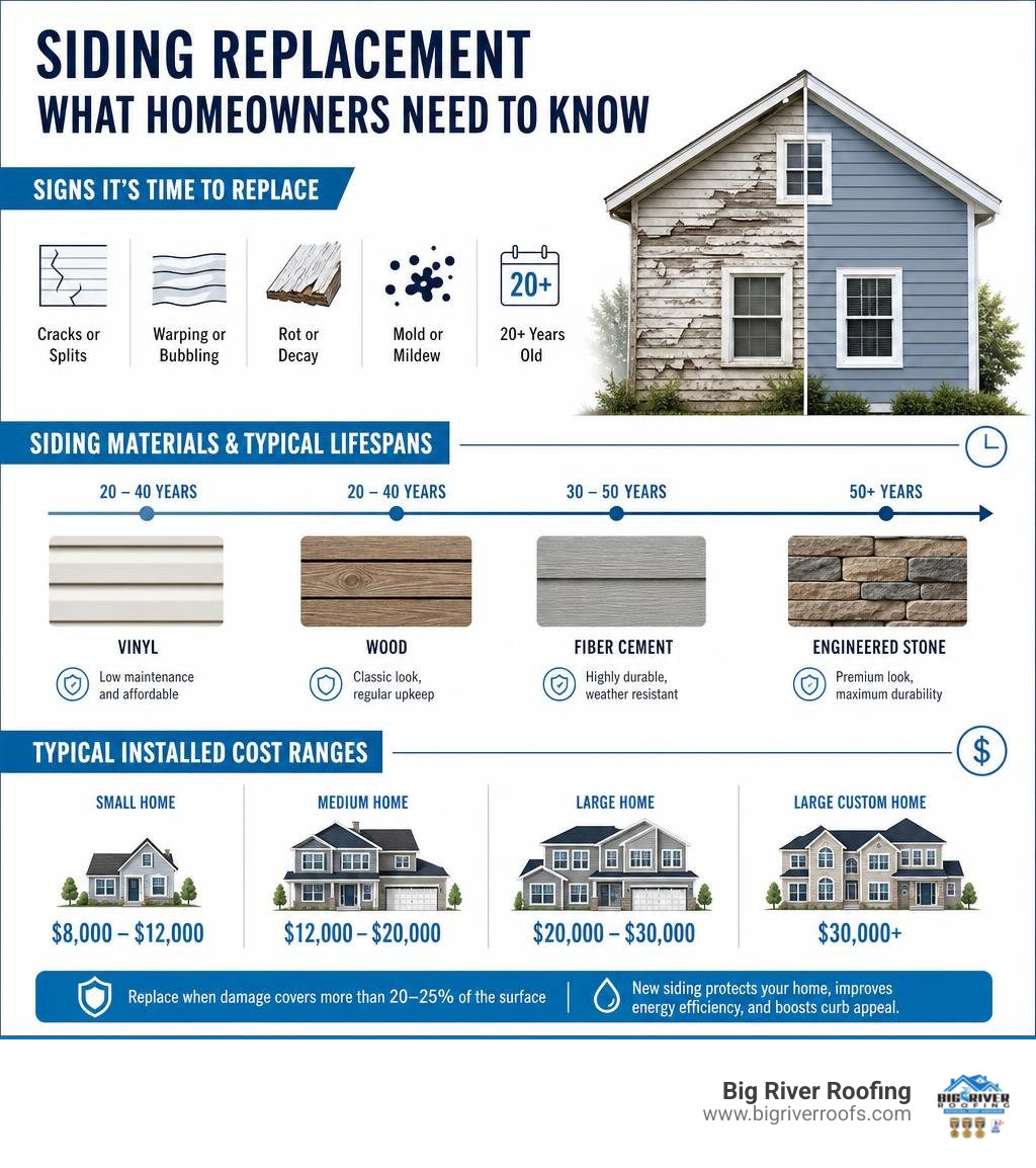 Infographic showing siding replacement signs, material lifespans, and cost ranges for homeowners infographic Infographic showing siding replacement signs, material lifespans, and cost ranges for homeowners infographic