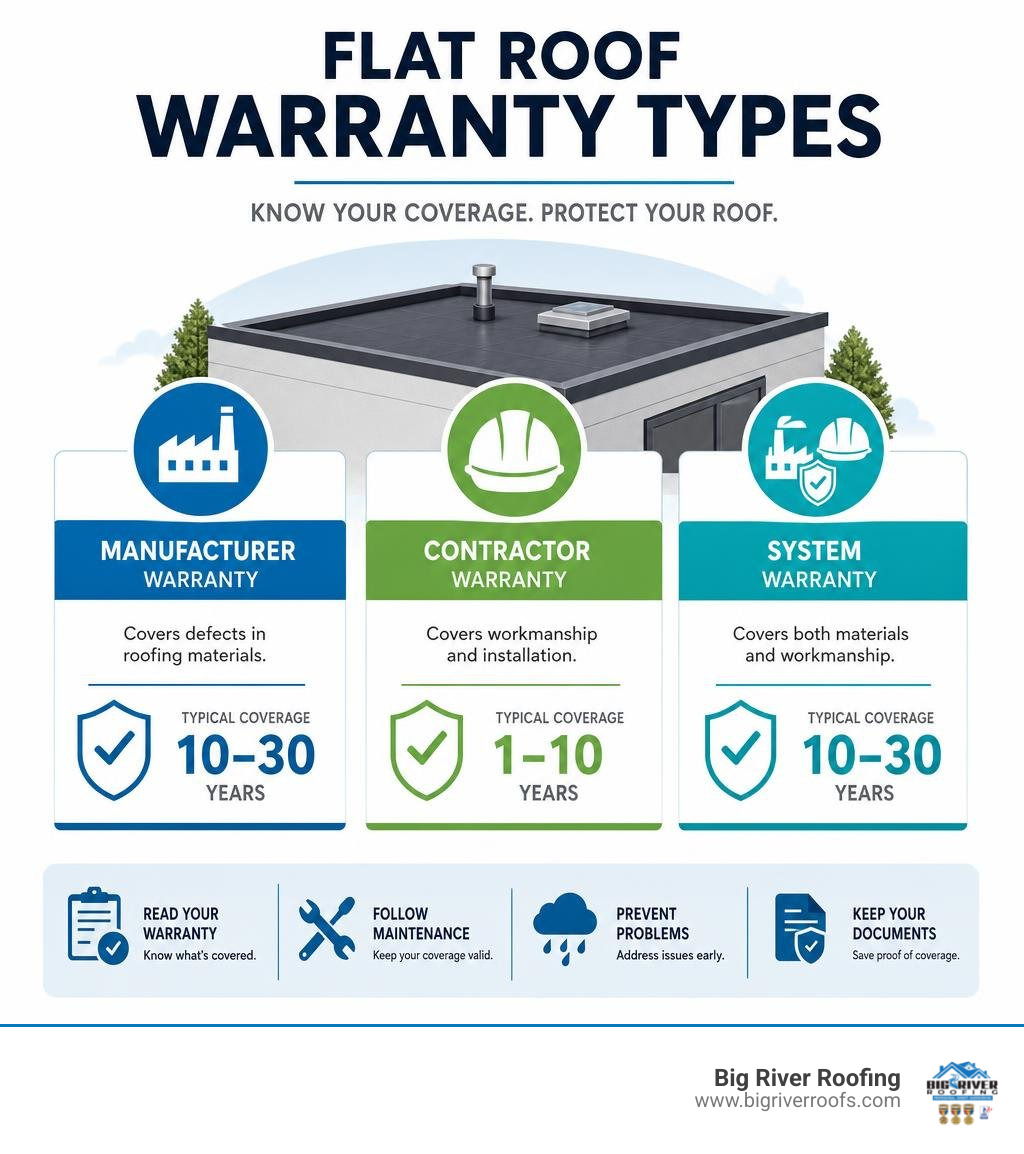 Flat roof warranty types infographic showing manufacturer, contractor, and system warranties with typical coverage lengths Flat roof warranty types infographic showing manufacturer, contractor, and system warranties with typical coverage lengths