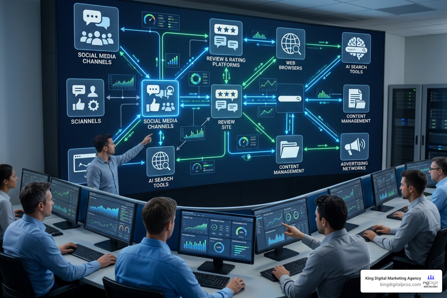 Multi-channel digital monitoring diagram showcasing social, review, web, and AI search platform coverage Multi-Channel Digital Monitoring Diagram Showcasing Social, Review, Web, And Ai Search Platform Coverage