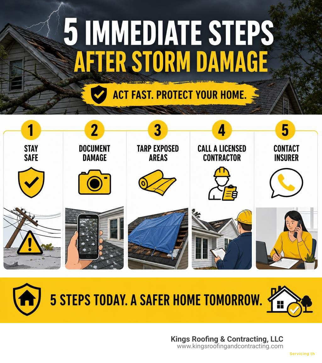 Infographic showing immediate post-storm steps: stay safe, document damage, tarp exposed areas, call a licensed contractor Infographic showing immediate post-storm steps: stay safe, document damage, tarp exposed areas, call a licensed contractor