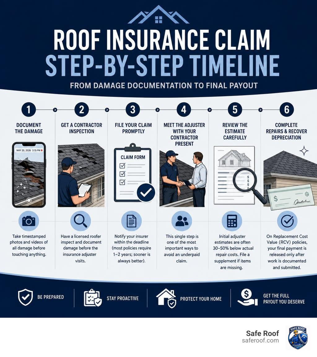 Step-by-step roof insurance claim timeline infographic from damage documentation to final payout infographic Step-by-step roof insurance claim timeline infographic from damage documentation to final payout infographic