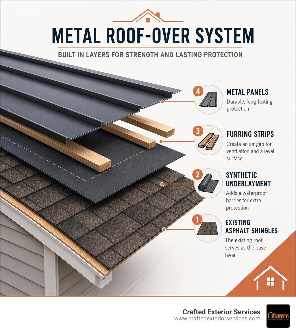 Infographic showing layers of metal roof-over system: existing shingles, synthetic underlayment, furring strips, and metal Infographic showing layers of metal roof-over system: existing shingles, synthetic underlayment, furring strips, and metal