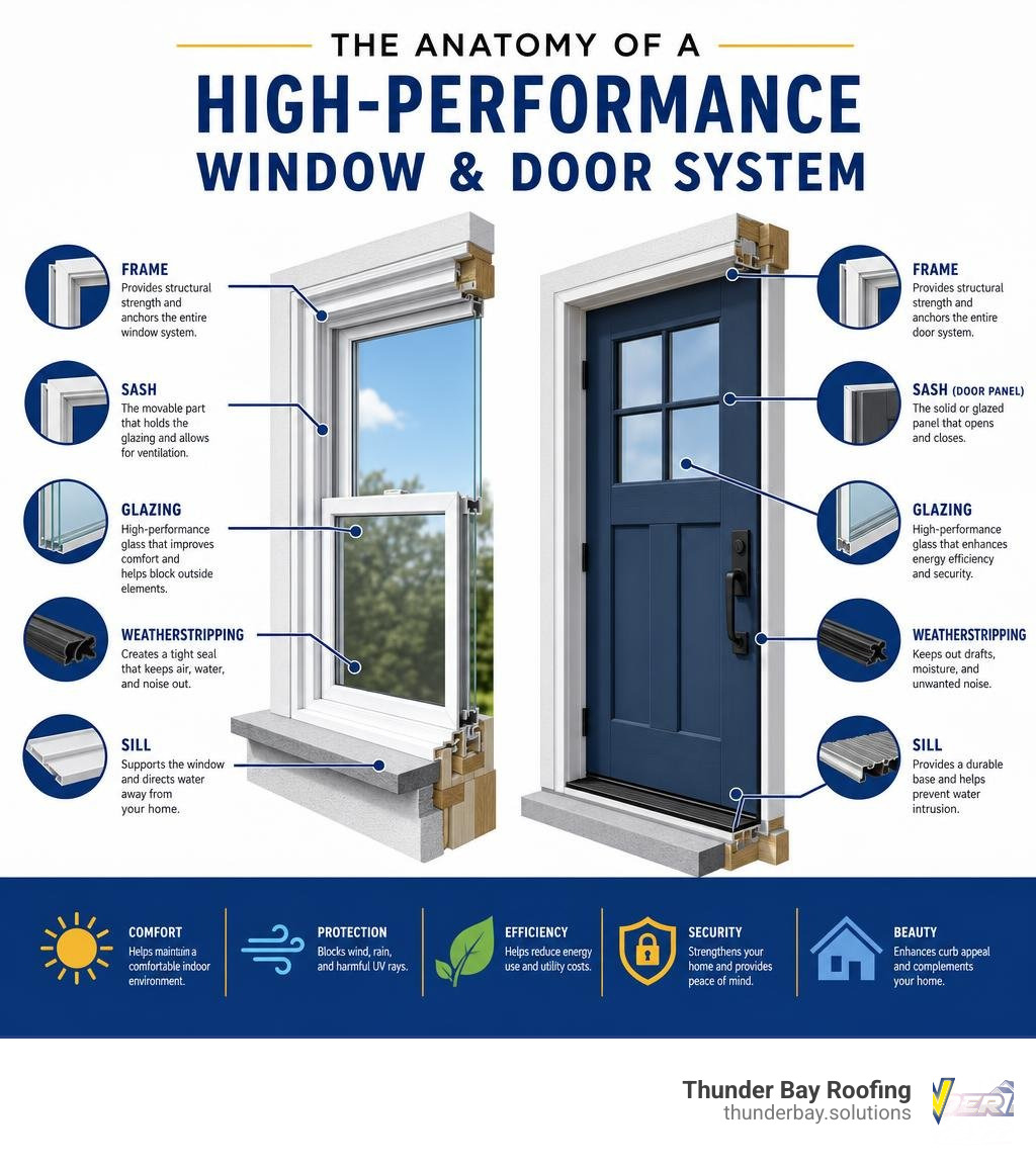 anatomy of a high-performance window and door system showing frame, sash, glazing, weatherstripping, and sill infographic anatomy of a high-performance window and door system showing frame, sash, glazing, weatherstripping, and sill infographic