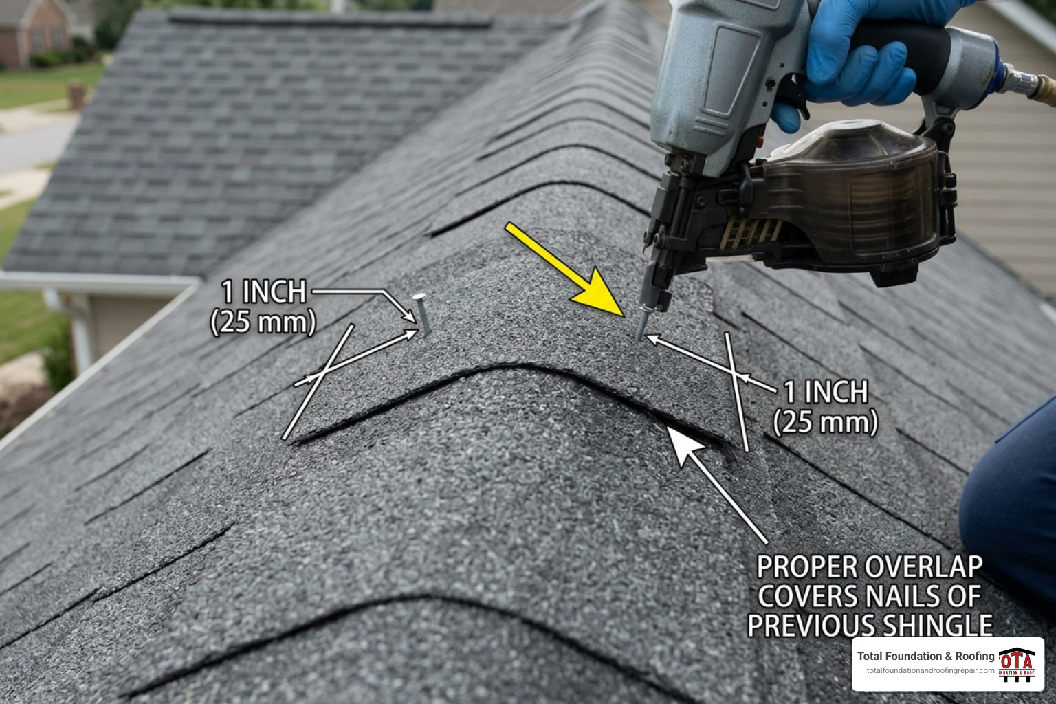 Correct nail placement and overlap diagram for ridge cap shingles Correct nail placement and overlap diagram for ridge cap shingles