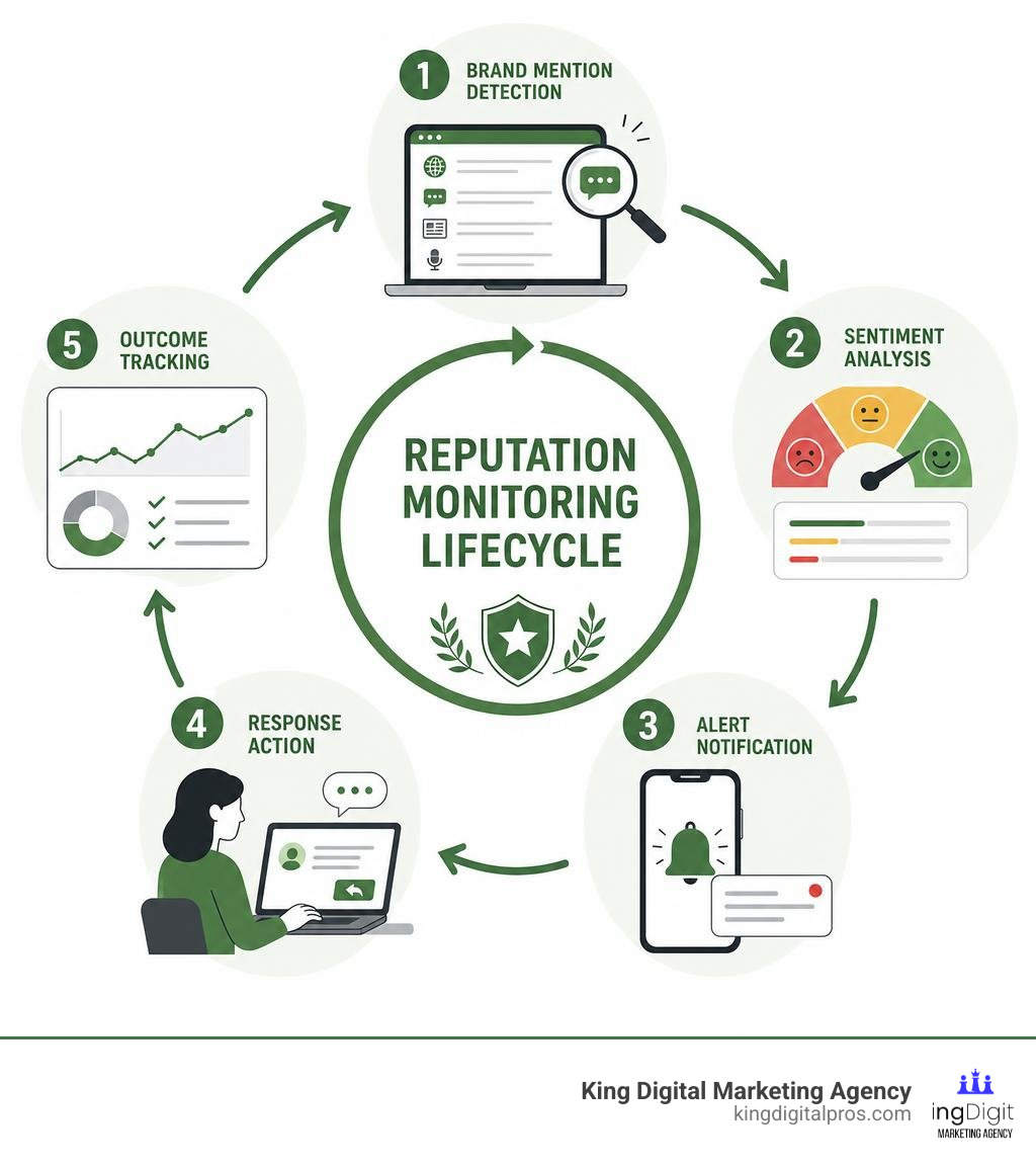 Reputation monitoring lifecycle infographic showing brand mention detection, sentiment analysis, alert notification Reputation Monitoring Lifecycle Infographic Showing Brand Mention Detection, Sentiment Analysis, Alert Notification