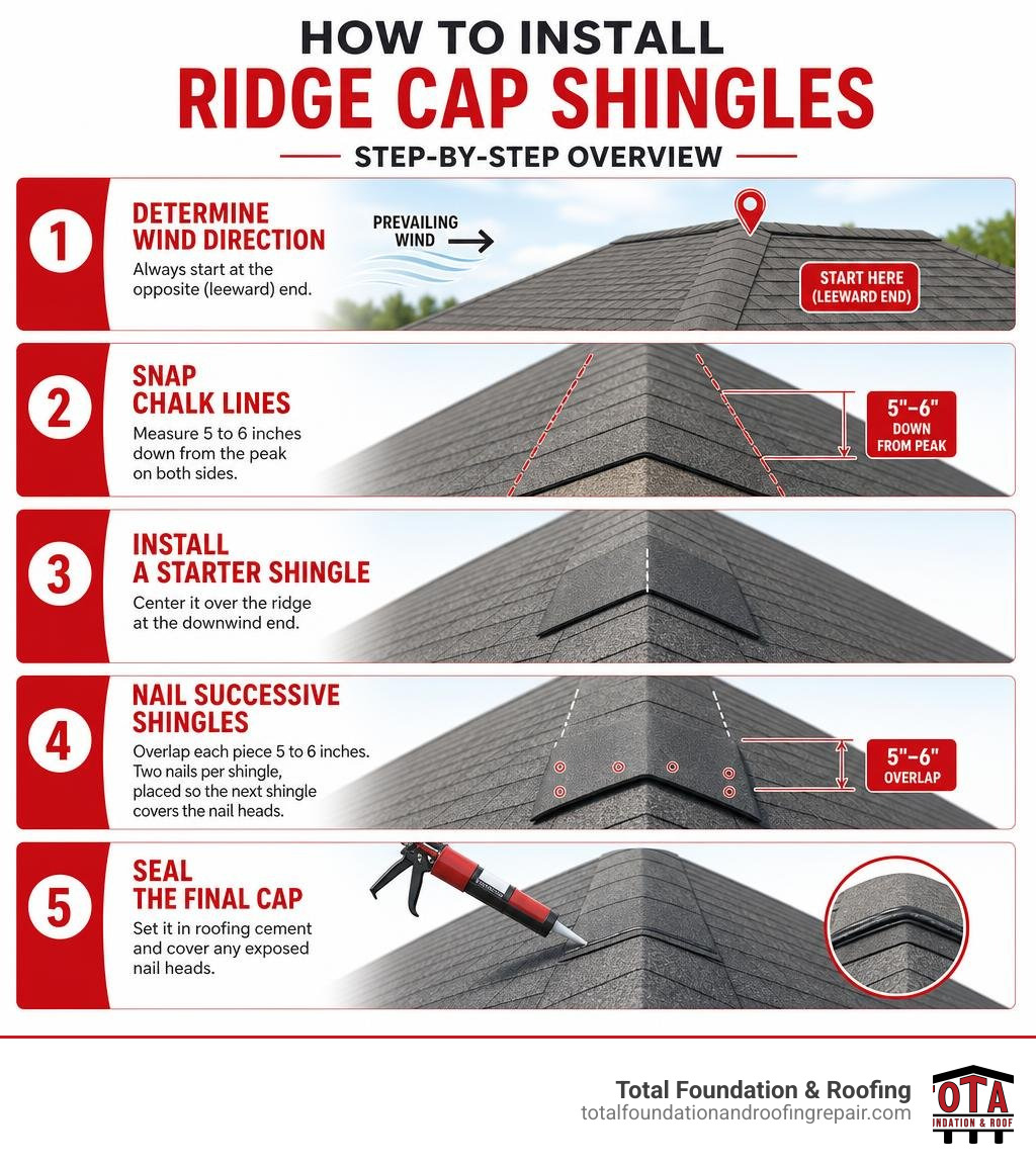 Step-by-step overview infographic showing how to install ridge cap shingles from wind direction to final seal infographic Step-by-step overview infographic showing how to install ridge cap shingles from wind direction to final seal infographic