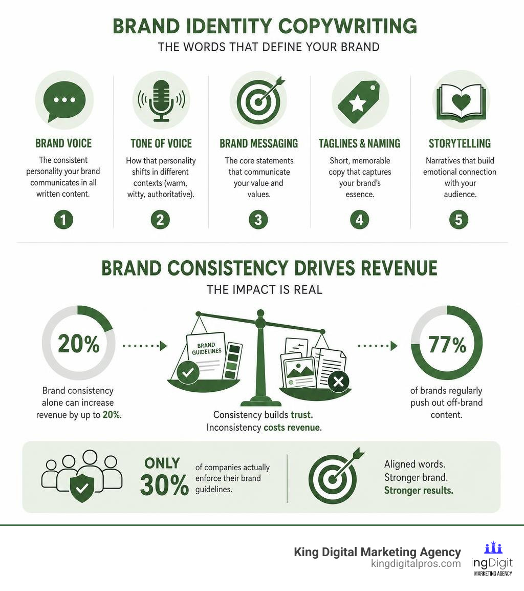 Infographic Showing Key Elements Of Brand Identity Copywriting And The Impact Of Brand Consistency On Revenue Infographic