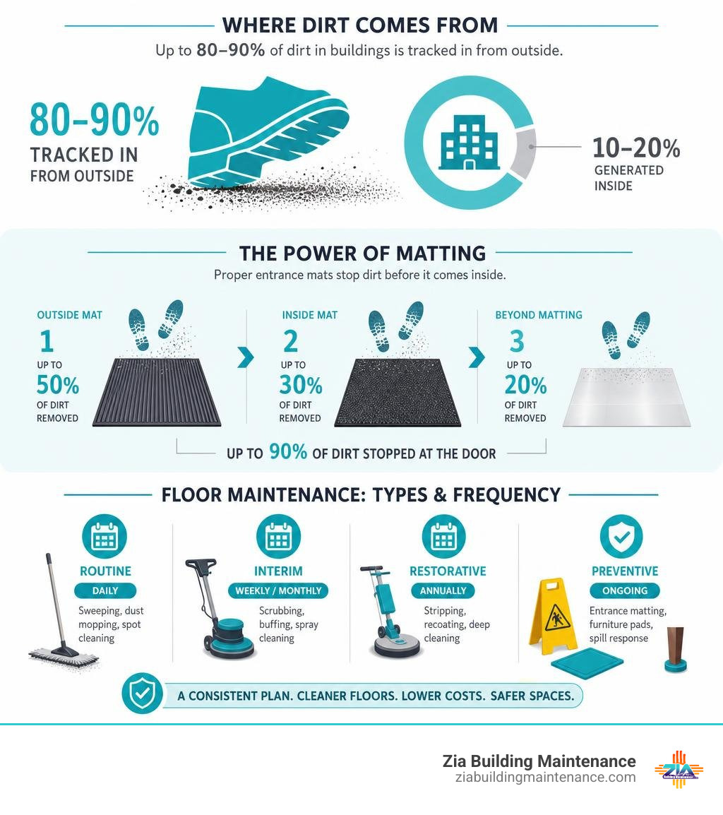 Infographic: tracked-in dirt percentages, matting effectiveness, maintenance types and frequency infographic Infographic: tracked-in dirt percentages, matting effectiveness, maintenance types and frequency infographic