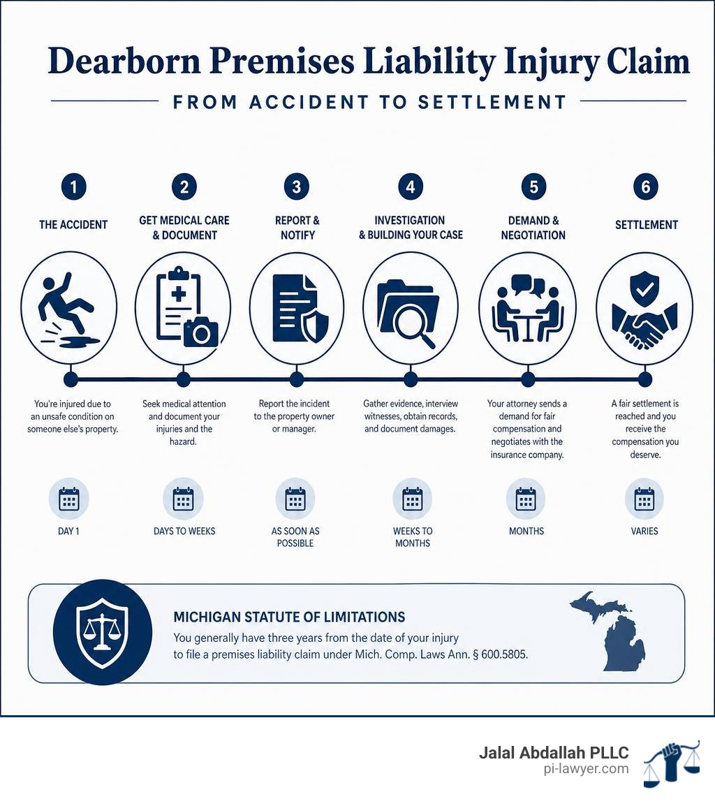 Timeline infographic of a Dearborn premises liability injury claim from accident to settlement infographic Timeline infographic of a Dearborn premises liability injury claim from accident to settlement infographic