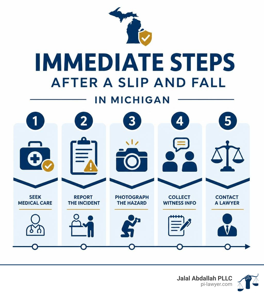 Infographic: Immediate steps after a slip and fall in Michigan — seek medical care, report the incident, photograph the Infographic: Immediate steps after a slip and fall in Michigan — seek medical care, report the incident, photograph the