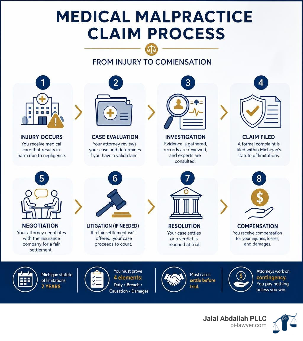 Medical malpractice claim process steps from injury to compensation infographic infographic Medical malpractice claim process steps from injury to compensation infographic infographic