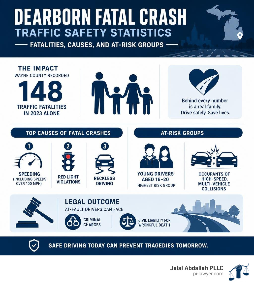 Dearborn fatal crash traffic safety statistics infographic: fatalities, causes, and at-risk groups infographic Dearborn fatal crash traffic safety statistics infographic: fatalities, causes, and at-risk groups infographic
