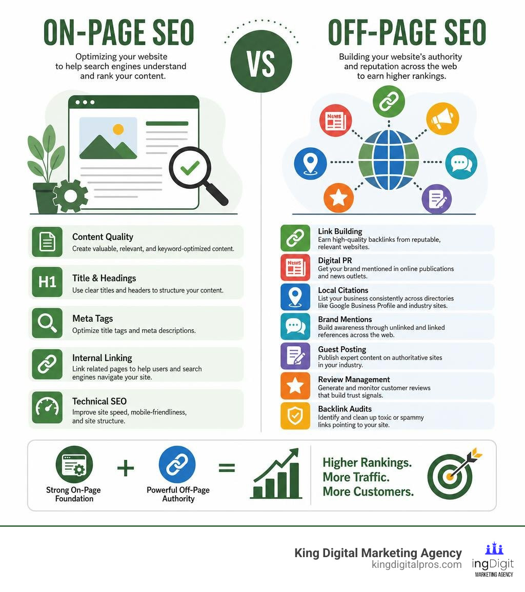 Infographic comparing on-page SEO vs off-page SEO with key components of each infographic Infographic Comparing On-Page Seo Vs Off-Page Seo With Key Components Of Each Infographic