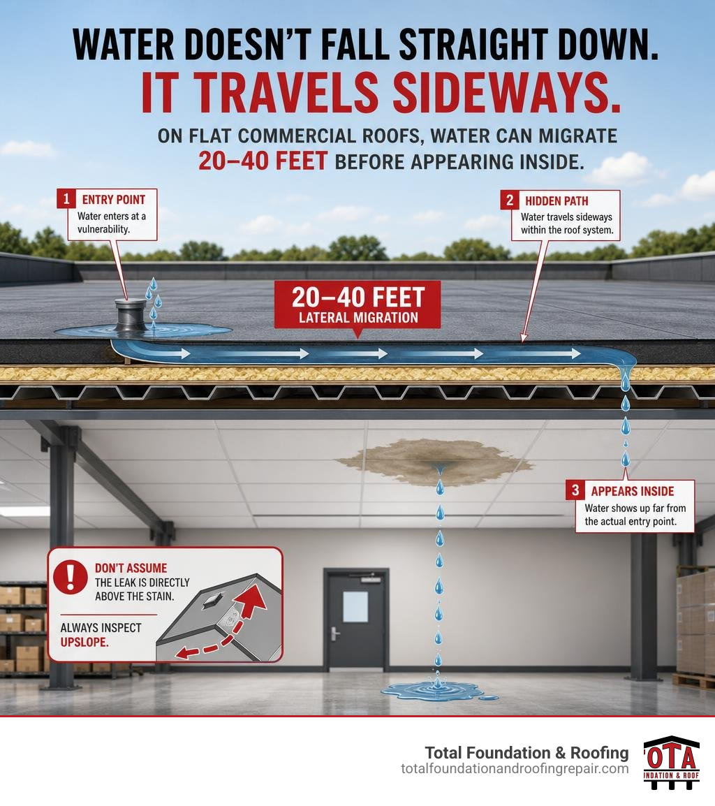 Infographic showing how water migrates laterally 20-40 feet on flat commercial roofs before appearing inside infographic Infographic showing how water migrates laterally 20-40 feet on flat commercial roofs before appearing inside infographic