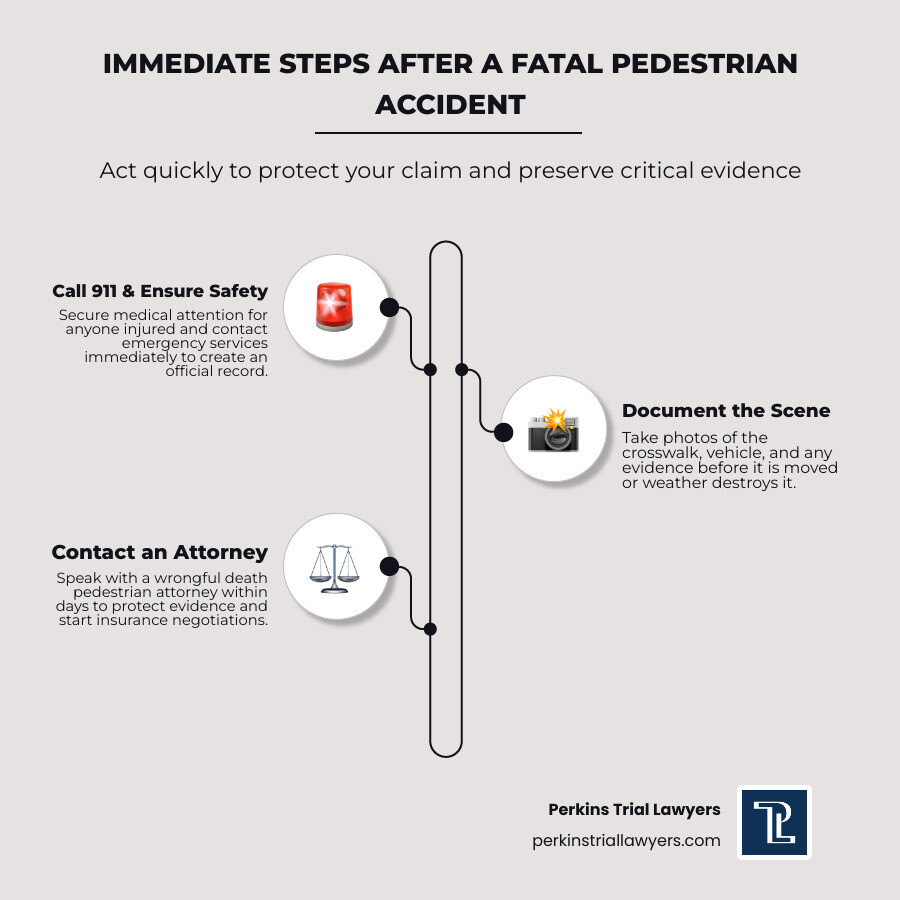 Infographic: Immediate steps for families after a fatal pedestrian accident in Atlanta — call 911, preserve evidence, avoid Infographic: Immediate steps for families after a fatal pedestrian accident in Atlanta — call 911, preserve evidence, avoid