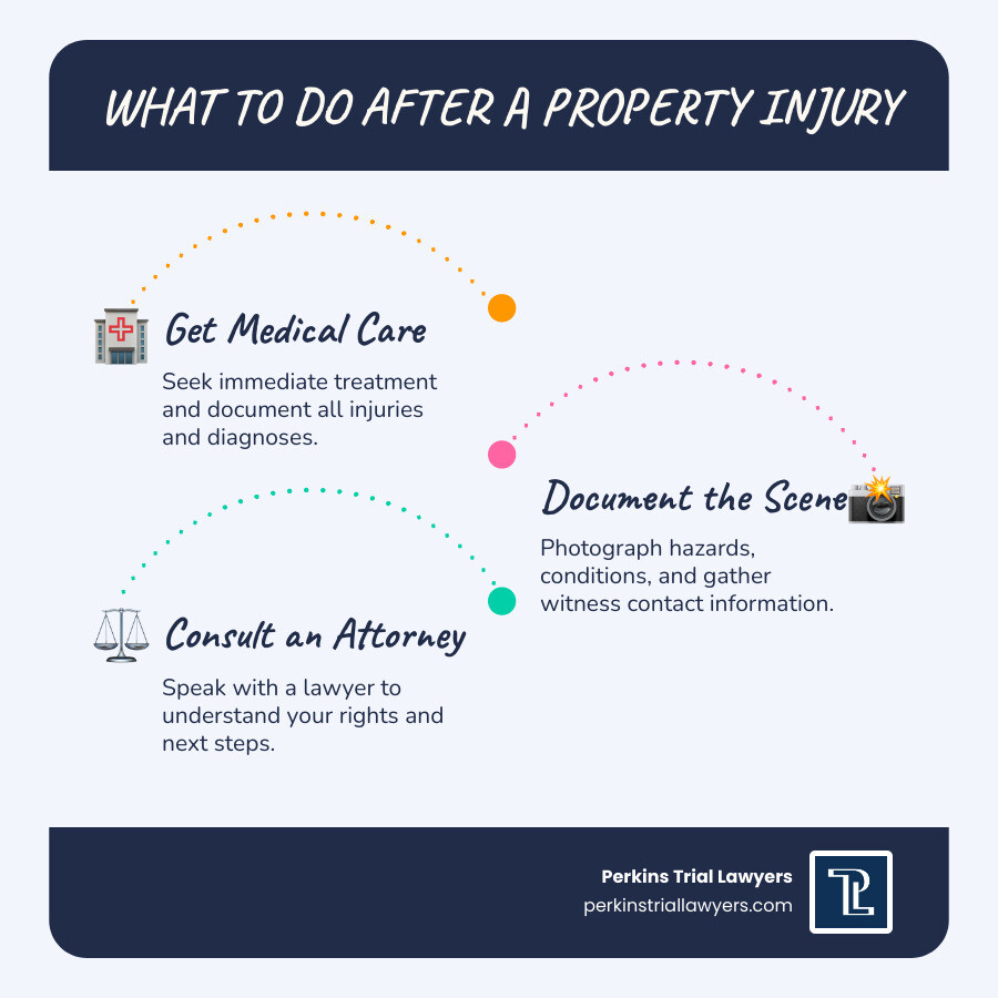 Steps to take after a property injury infographic: seek medical care, document the scene, report the incident, gather Steps to take after a property injury infographic: seek medical care, document the scene, report the incident, gather