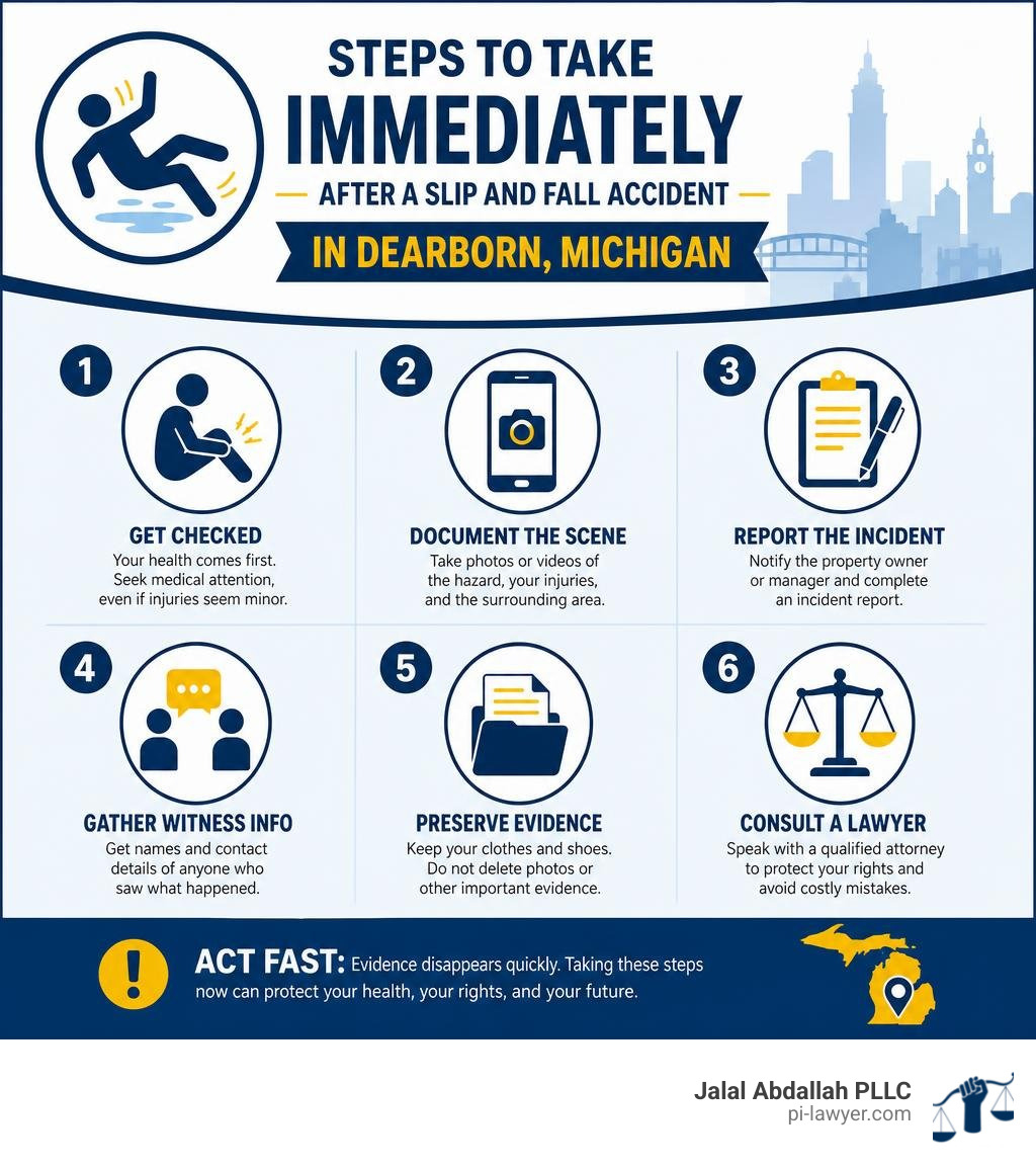 Steps to take immediately after a slip and fall accident in Dearborn Michigan infographic Steps to take immediately after a slip and fall accident in Dearborn Michigan infographic