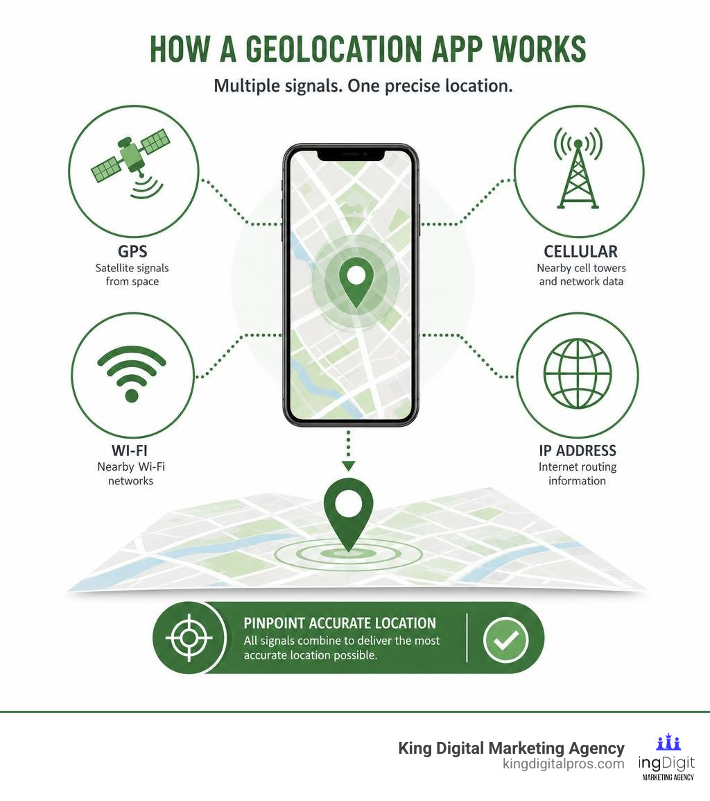 Infographic showing how a geolocation app works: GPS, Wi-Fi, cellular, and IP signals combine to pinpoint device location Infographic Showing How A Geolocation App Works: Gps, Wi-Fi, Cellular, And Ip Signals Combine To Pinpoint Device Location