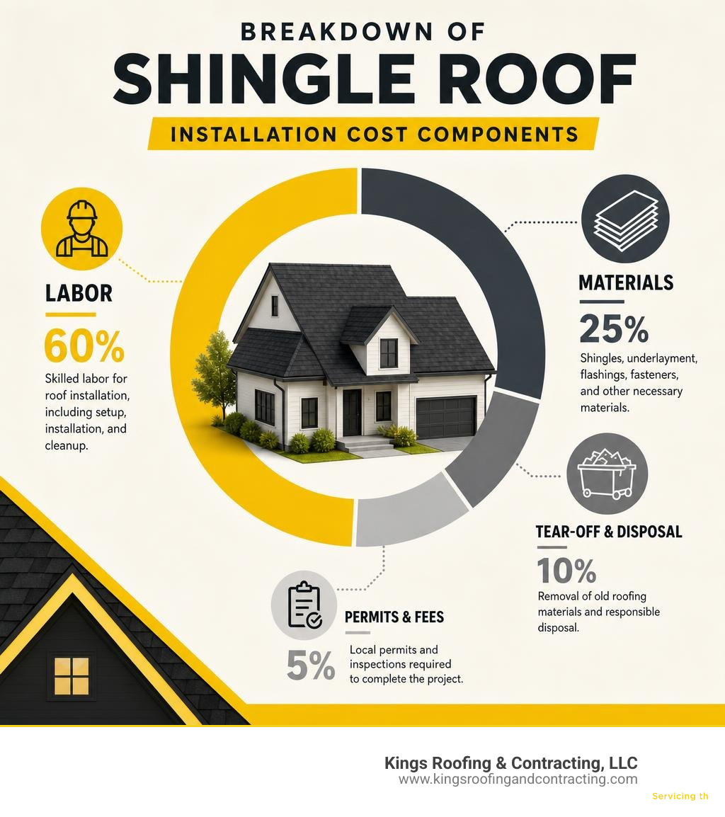 Breakdown of shingle roof installation cost components including labor, materials, tear-off, and permits infographic Breakdown of shingle roof installation cost components including labor, materials, tear-off, and permits infographic