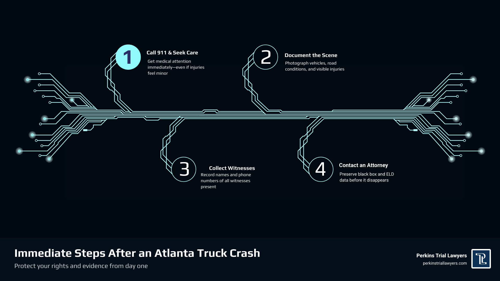 Infographic showing immediate steps after Atlanta truck crash, Fulton County stats, and why to hire an attorney infographic Infographic showing immediate steps after Atlanta truck crash, Fulton County stats, and why to hire an attorney infographic