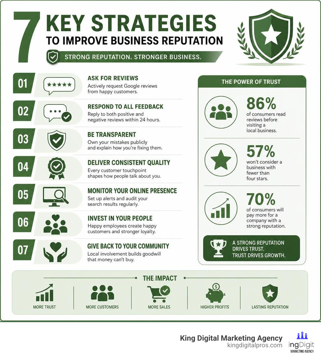Infographic Showing 7 Key Strategies To Improve Business Reputation With Statistics And Impact Summary Infographic