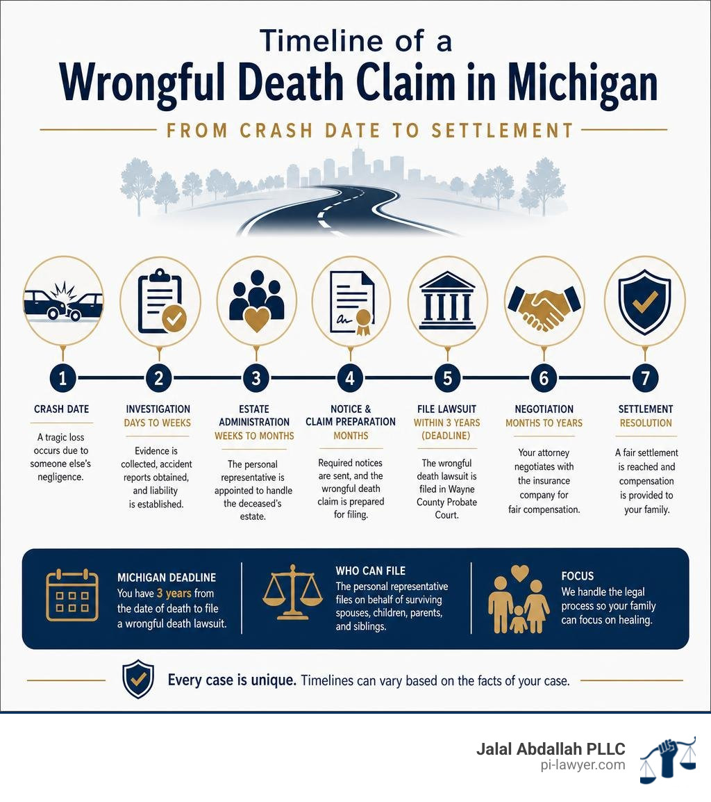 Timeline of a wrongful death claim in Michigan from crash date to settlement infographic Timeline of a wrongful death claim in Michigan from crash date to settlement infographic