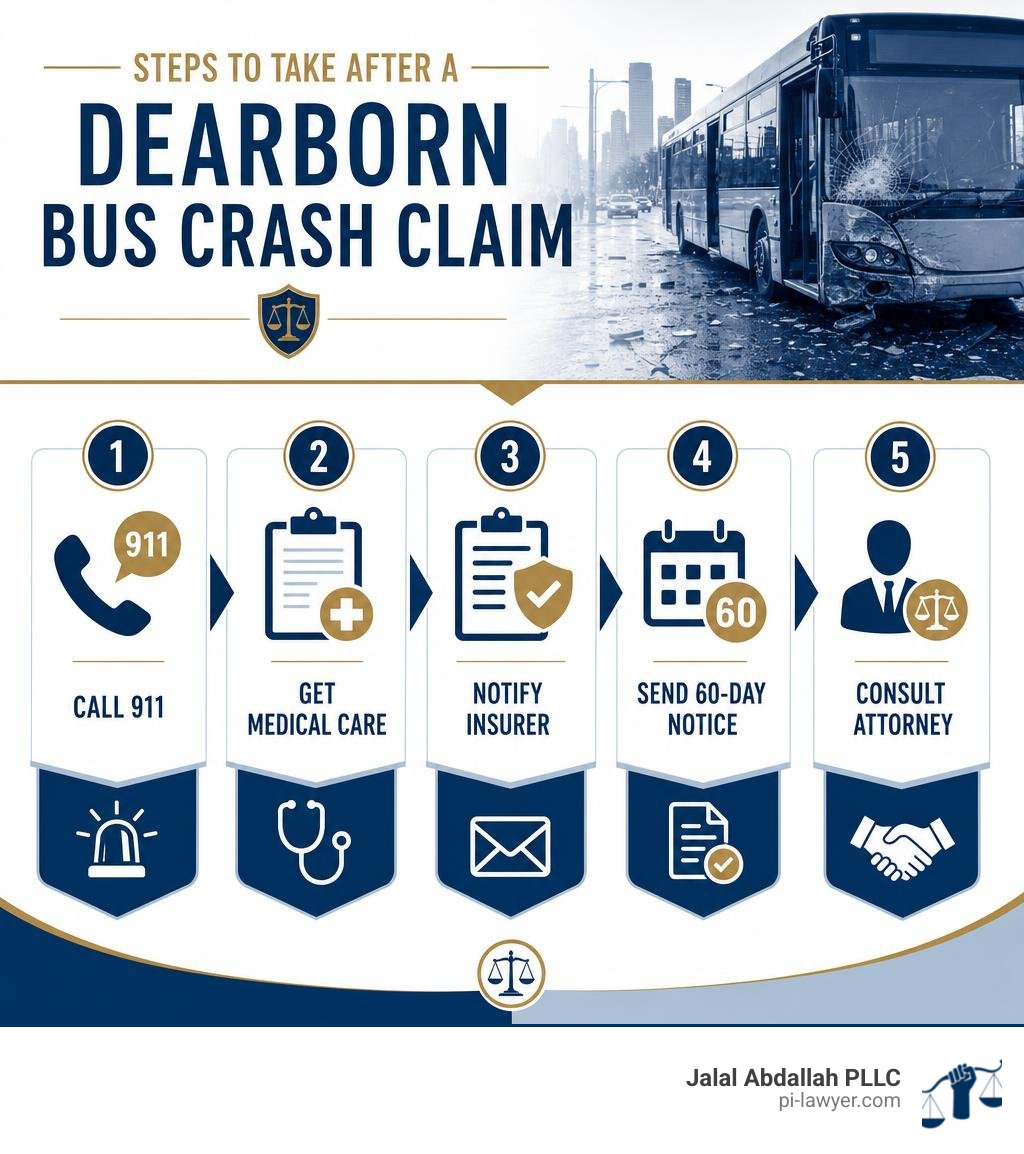 Steps to take after a Dearborn bus crash claim: call 911, get medical care, notify insurer, send 60-day notice, consult Steps to take after a Dearborn bus crash claim: call 911, get medical care, notify insurer, send 60-day notice, consult
