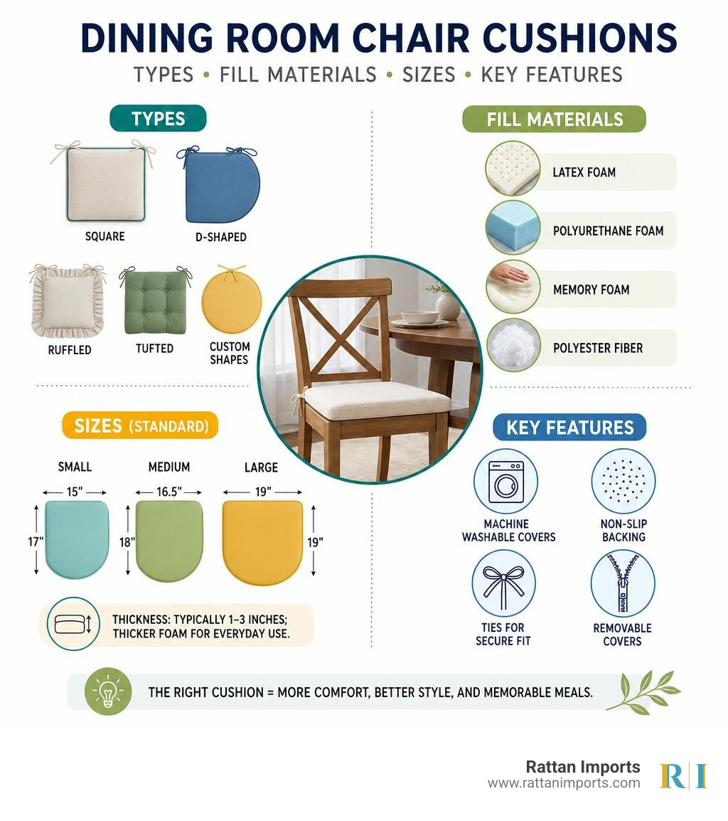 Infographic showing cushion types, fill materials, sizes, and key features for dining room chair cushions infographic