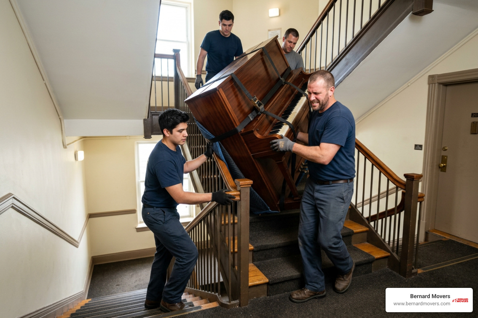 Movers carefully navigating a flight of stairs with a heavy upright piano Movers carefully navigating a flight of stairs with a heavy upright piano