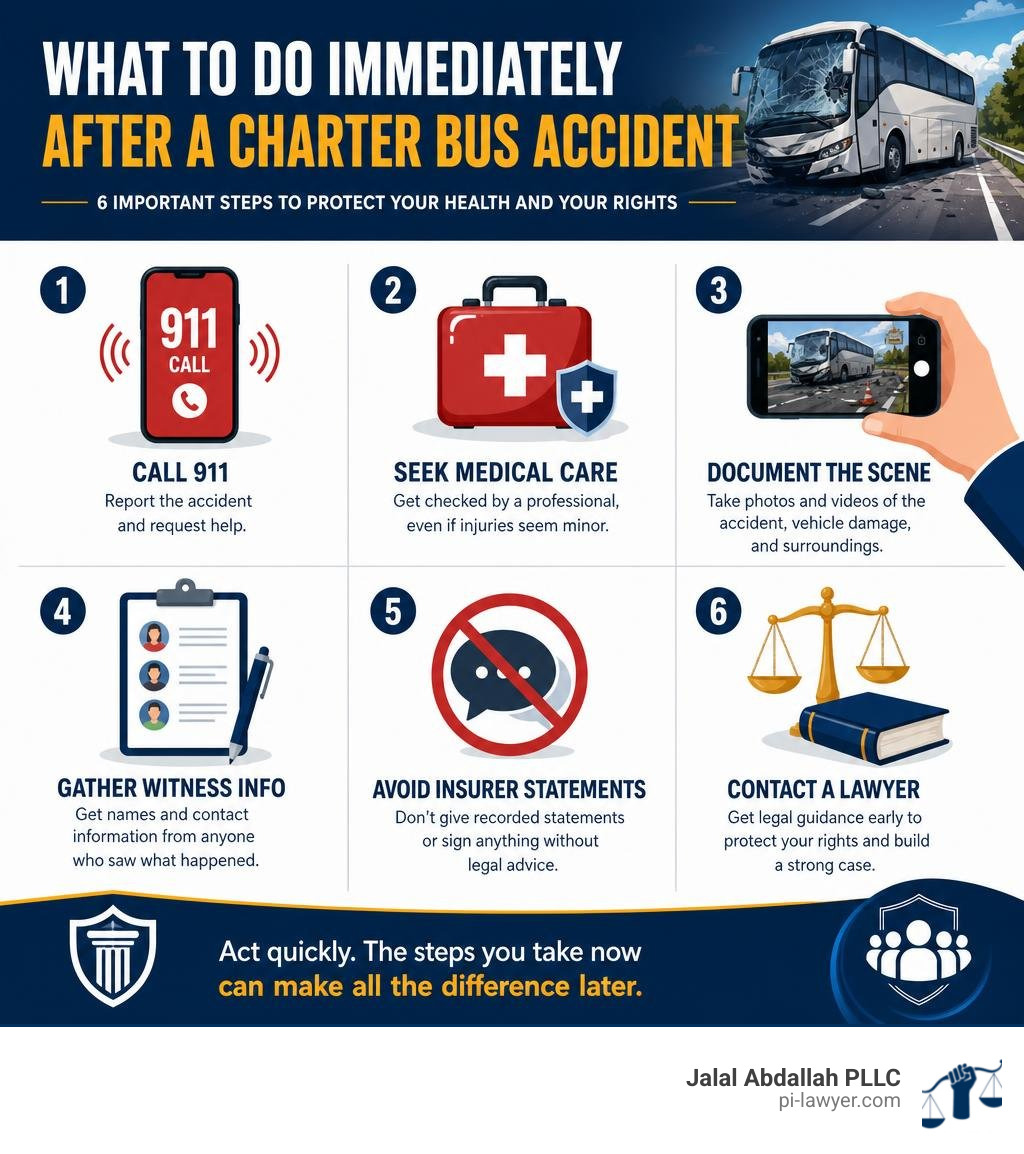 Infographic showing immediate steps after a charter bus accident: call 911, seek medical care, document the scene, gather