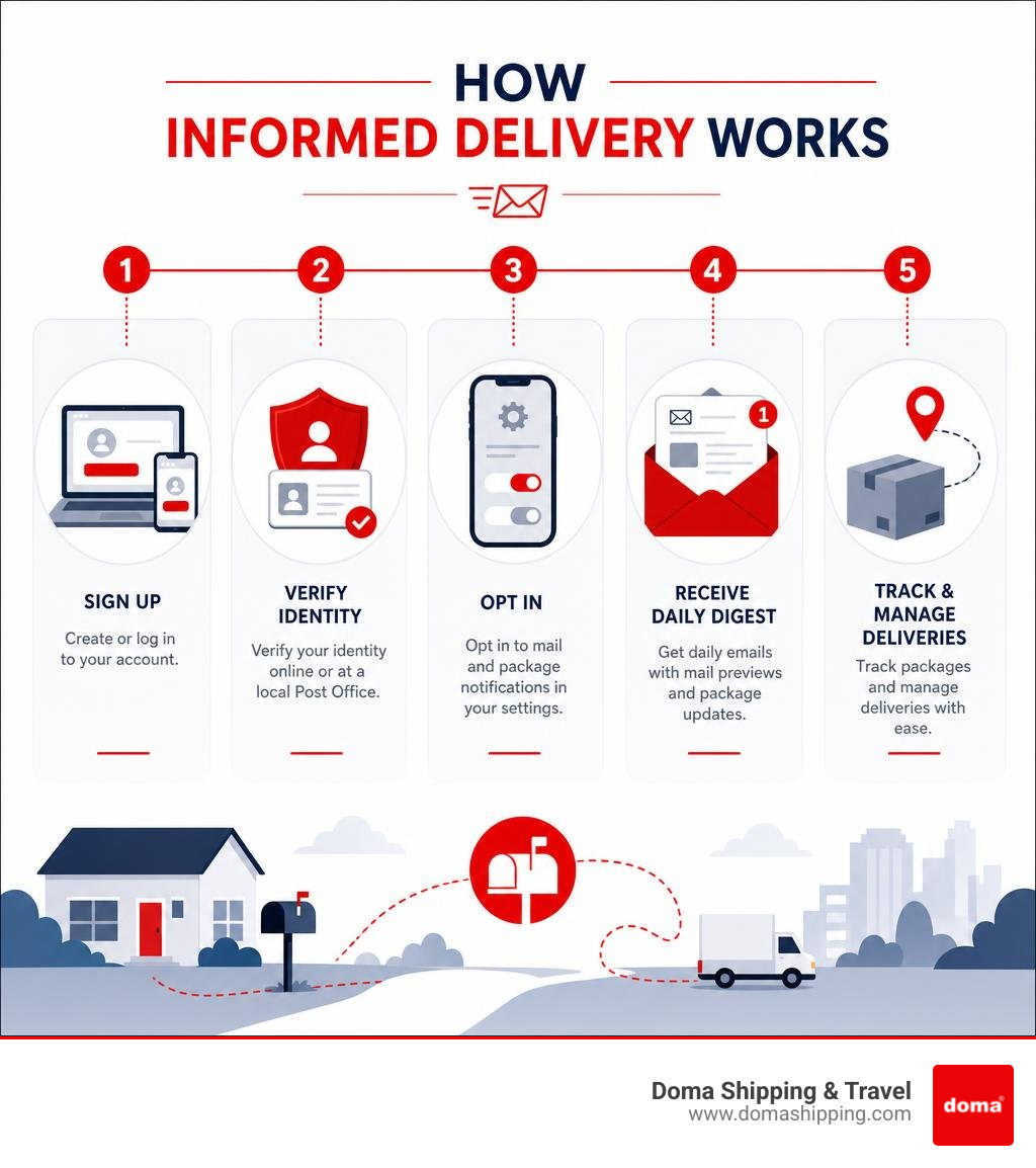 Infographic: How USPS Informed Delivery works - sign up, verify identity, receive daily digest, track packages, manage Infographic: How USPS Informed Delivery works - sign up, verify identity, receive daily digest, track packages, manage