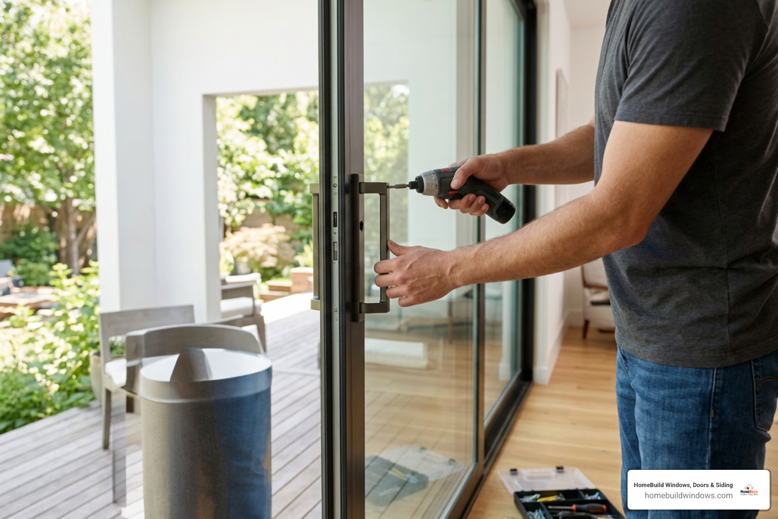 Installing a new sliding door handle on a modern glass door Installing a new sliding door handle on a modern glass door