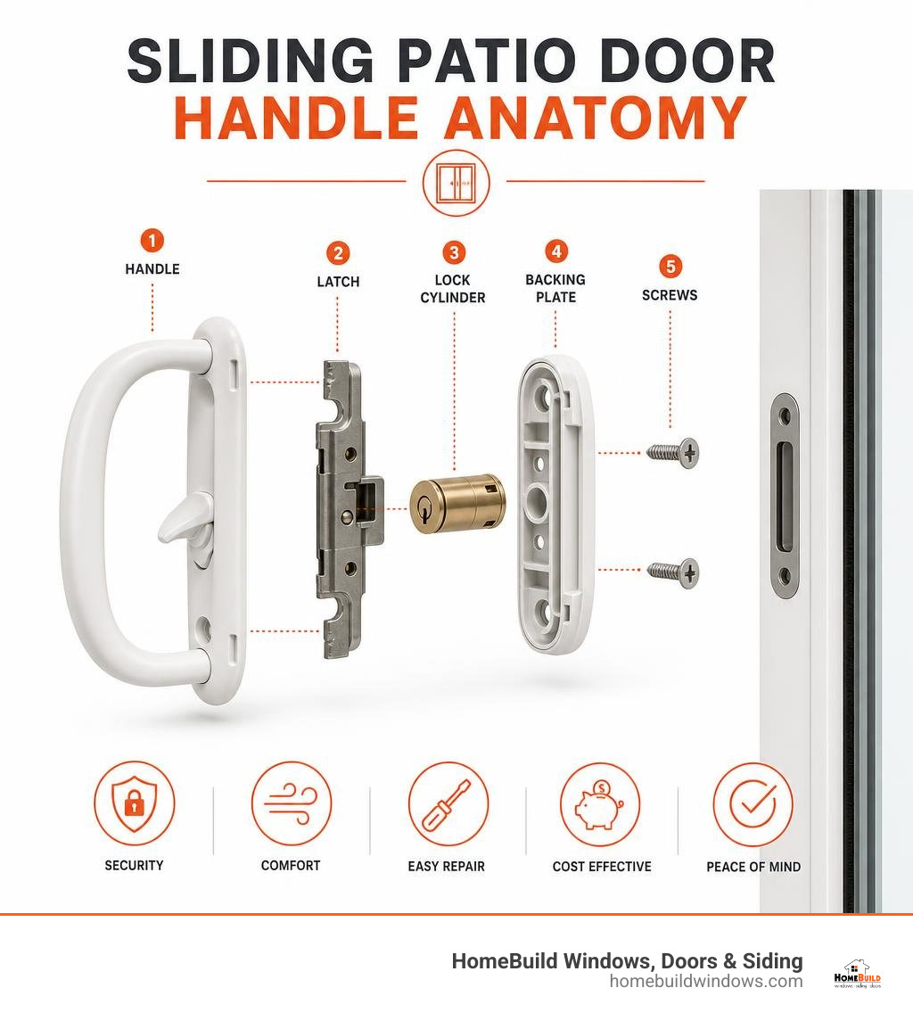 Sliding patio door handle anatomy infographic showing handle, latch, lock cylinder, backing plate, and screws infographic Sliding patio door handle anatomy infographic showing handle, latch, lock cylinder, backing plate, and screws infographic
