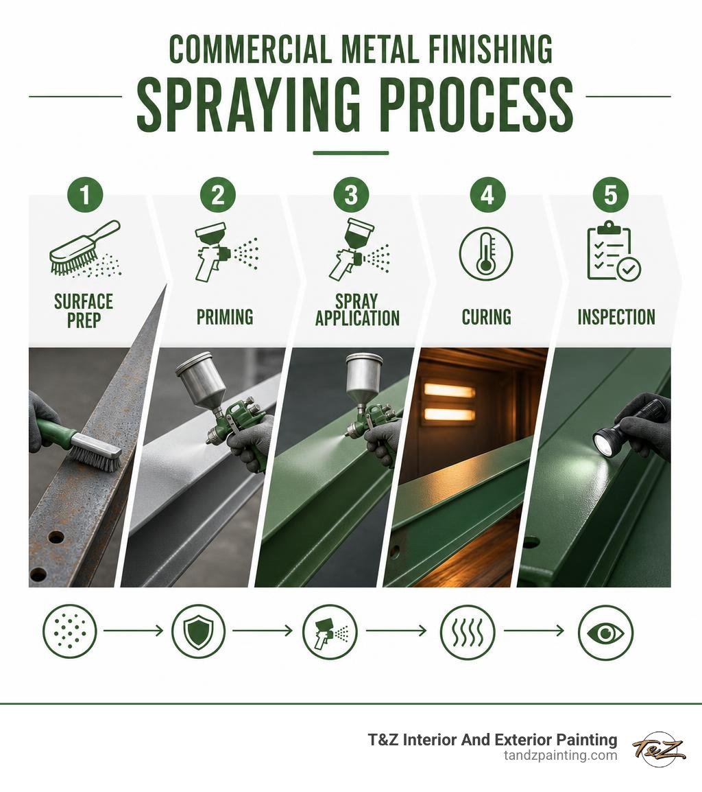 Infographic showing the commercial metal finishing spraying process: surface prep, priming, spray application, curing, and Infographic showing the commercial metal finishing spraying process: surface prep, priming, spray application, curing, and