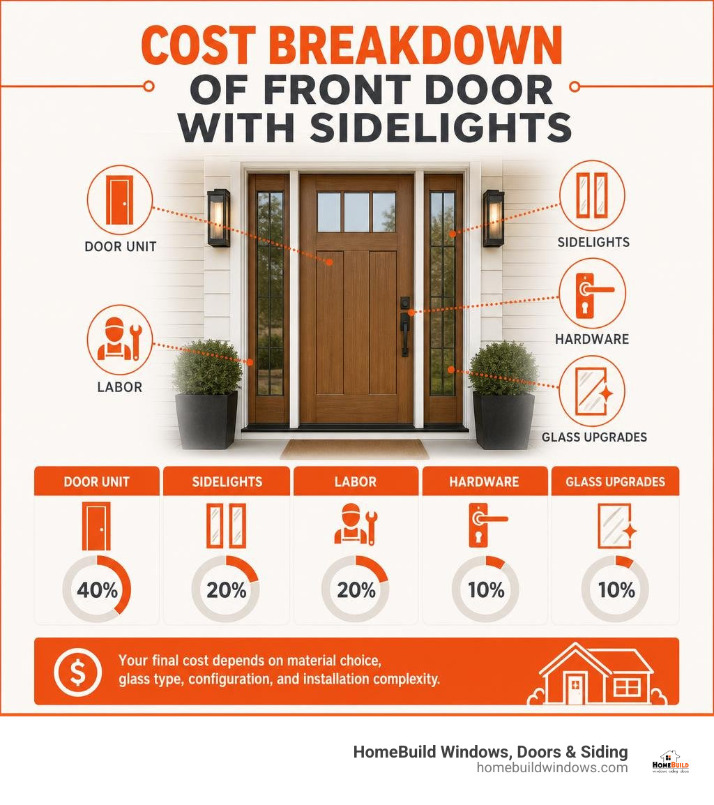 Infographic showing breakdown of front door with sidelights: door unit, sidelights, labor, hardware, and glass upgrades