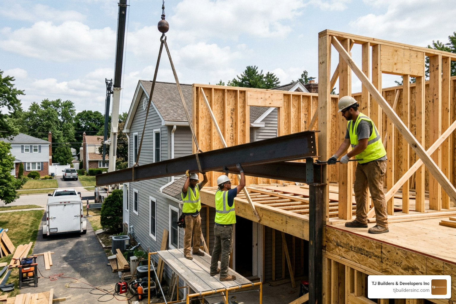 Structural steel beams being installed for a second-story home addition