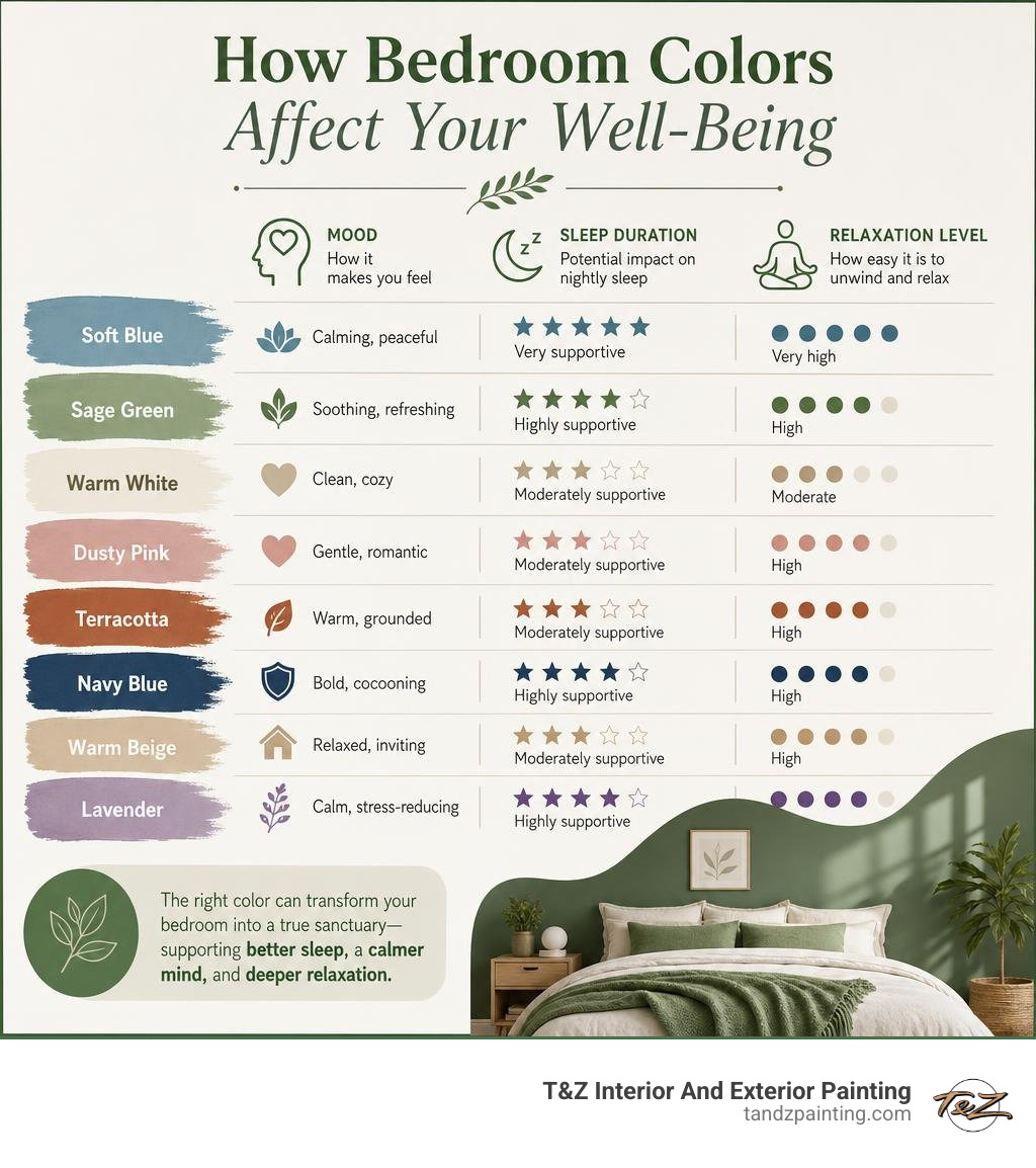 Infographic showing how bedroom colors affect mood, sleep duration, and relaxation levels infographic