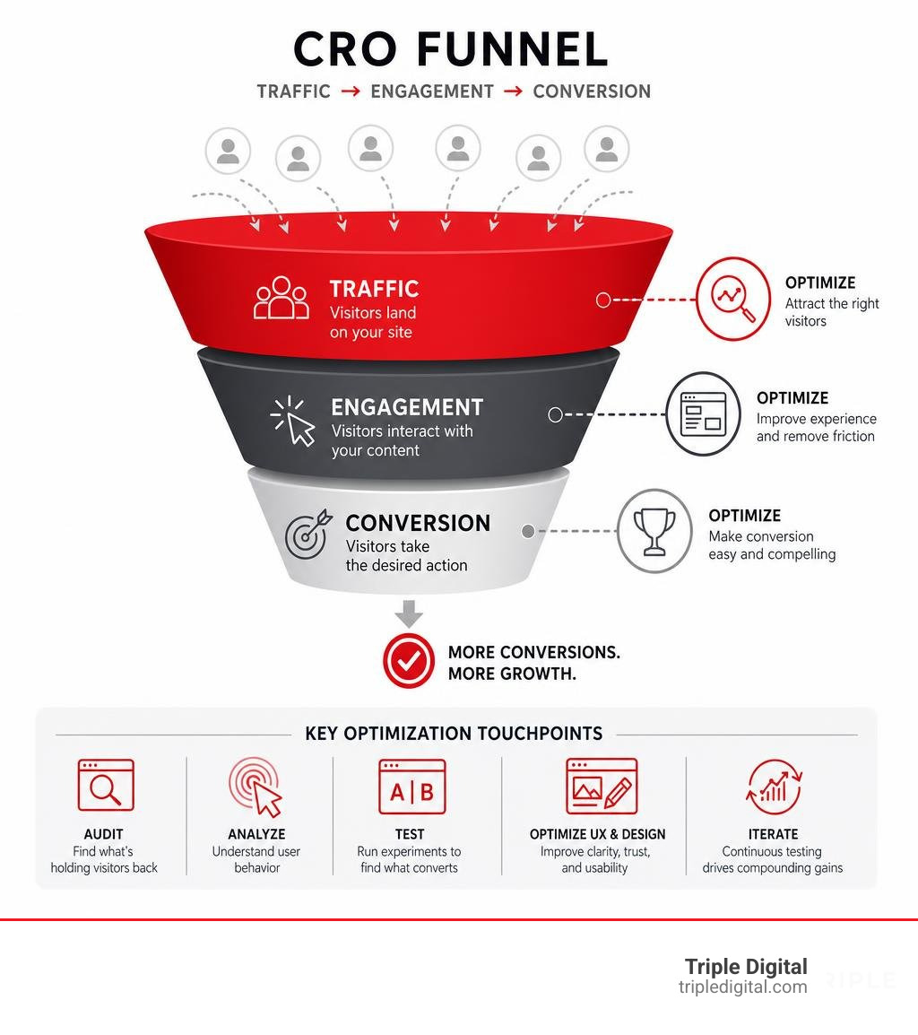 CRO funnel showing traffic, engagement, and conversion stages with optimization touchpoints infographic CRO funnel showing traffic, engagement, and conversion stages with optimization touchpoints infographic