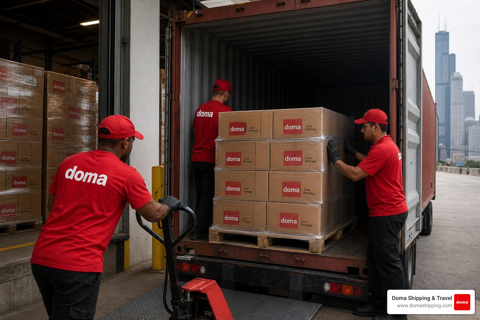 Doma Shipping workers preparing pallets of care packages for ocean freight transit to Europe Doma Shipping workers preparing pallets of care packages for ocean freight transit to Europe