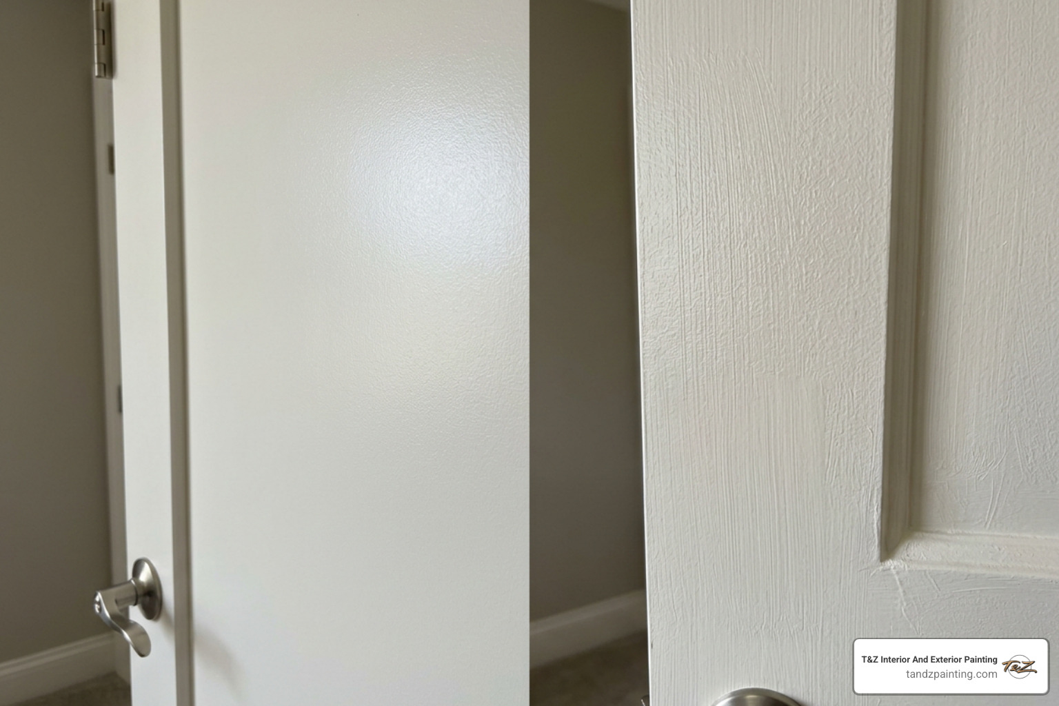 Comparison of spray finish vs brush marks on an internal door Comparison of spray finish vs brush marks on an internal door