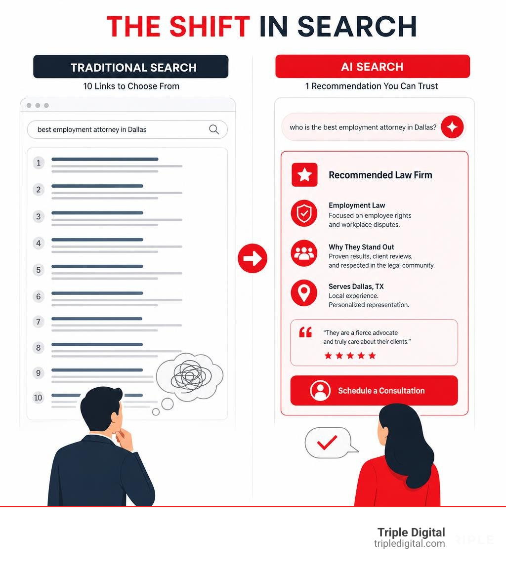 Infographic showing the shift from traditional 10-link search results to single AI-generated law firm recommendations Infographic showing the shift from traditional 10-link search results to single AI-generated law firm recommendations