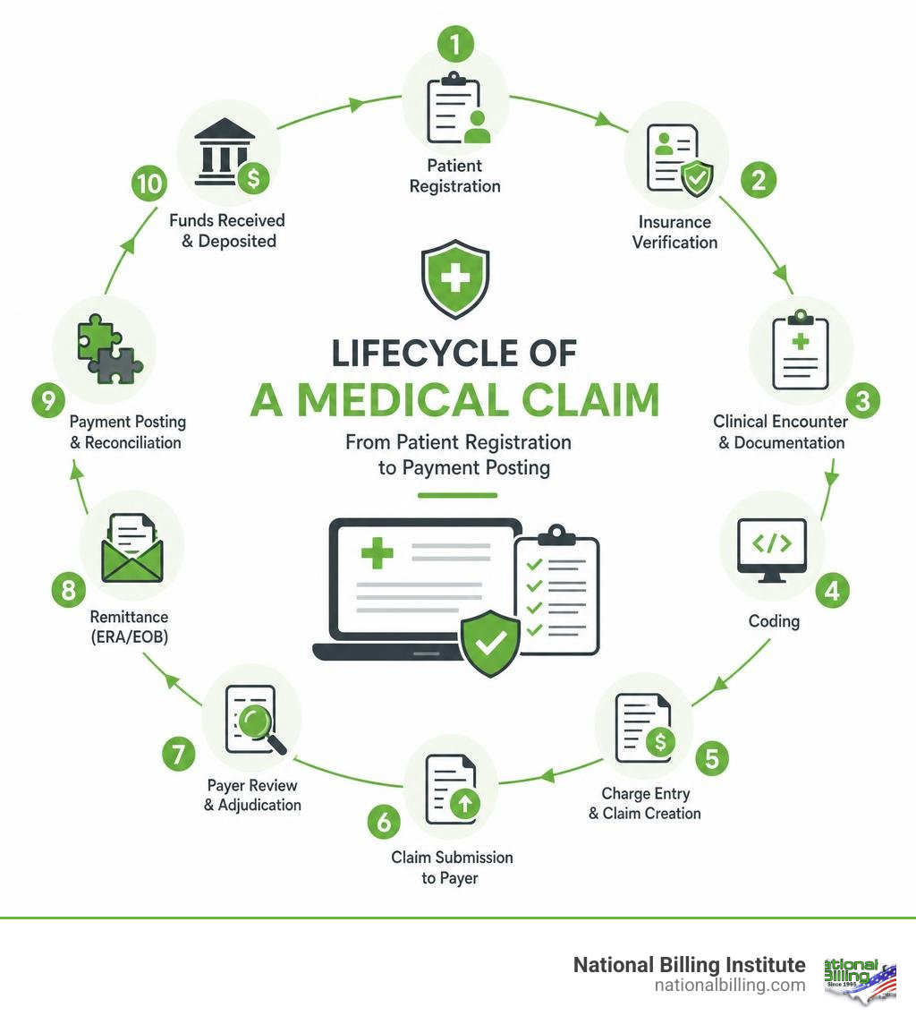Lifecycle of a medical claim from patient registration to payment posting infographic Lifecycle of a medical claim from patient registration to payment posting infographic